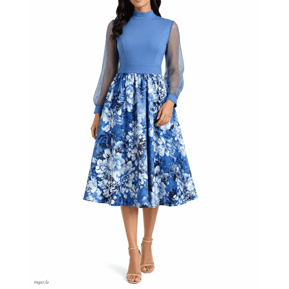 Plus Size Denim Floral Print Midi Dress, High Neck Mesh Sleeve Belted A-Line Dress with Front Slit & Pockets