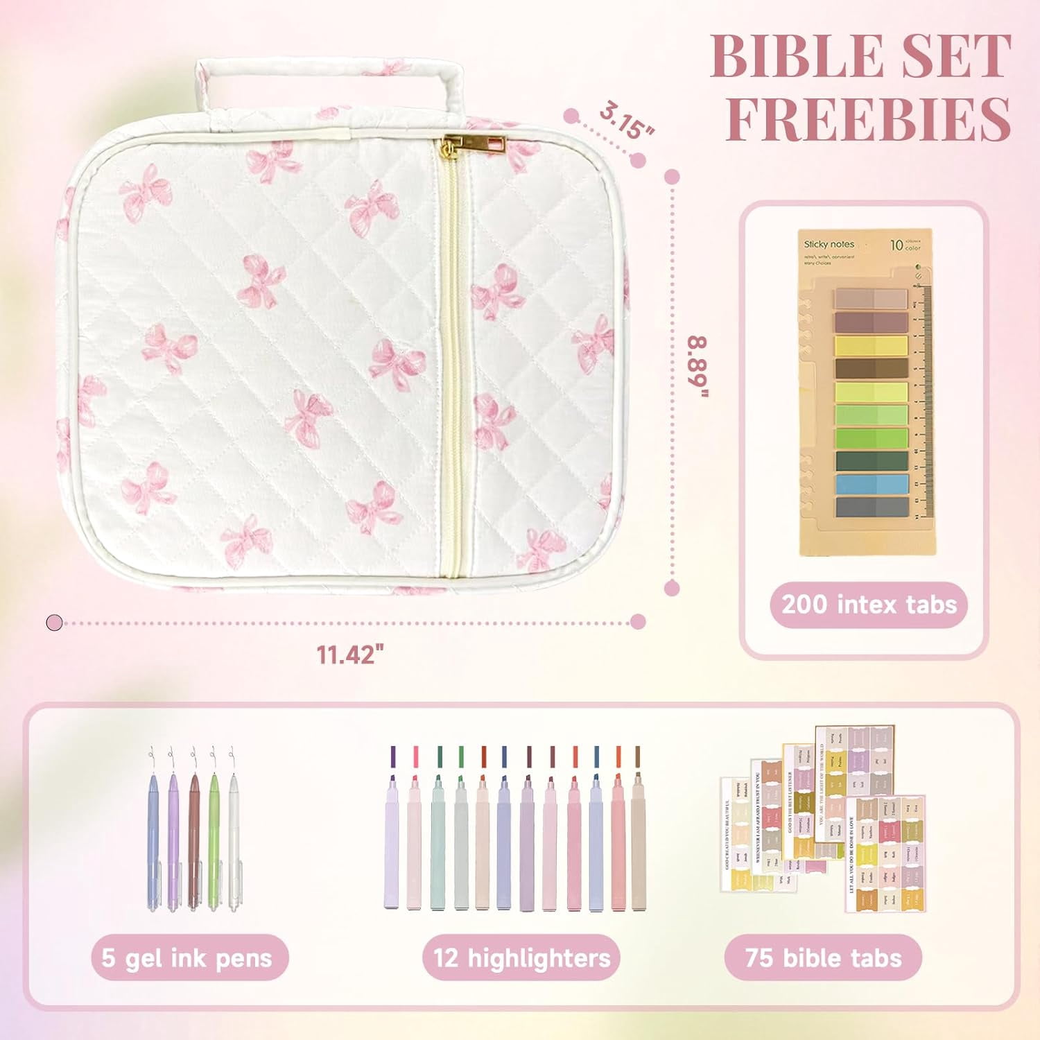 Bible Cover Case for Women,Bible Study Supplies Accessories,Bible Journaling Kit,Pink Flower Carrying Case with Highlighters - Pink Bow