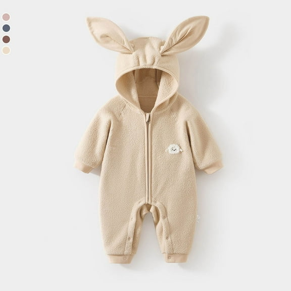 Wuxian Cute Boys Bodysuit Winter Fuzzy Thick Cozy Hooded Jumpsuit Long Sleeve Full Zip Up Overall Romper Relaxed Cozy Outwear Outfit,Beige,18-24 Months