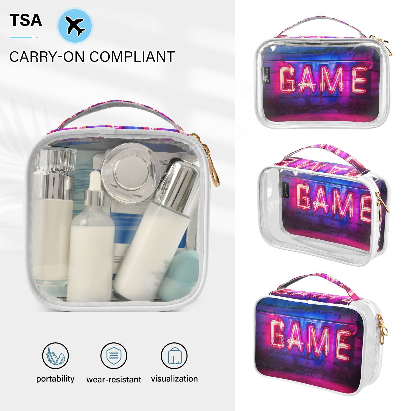 Clear Makeup Bags with Handle Large Opening 2 Pack Set Toiletry Bag Quart Size Bag, for Women Man Traveling Travel Essentials, Toiletries and Other. Game