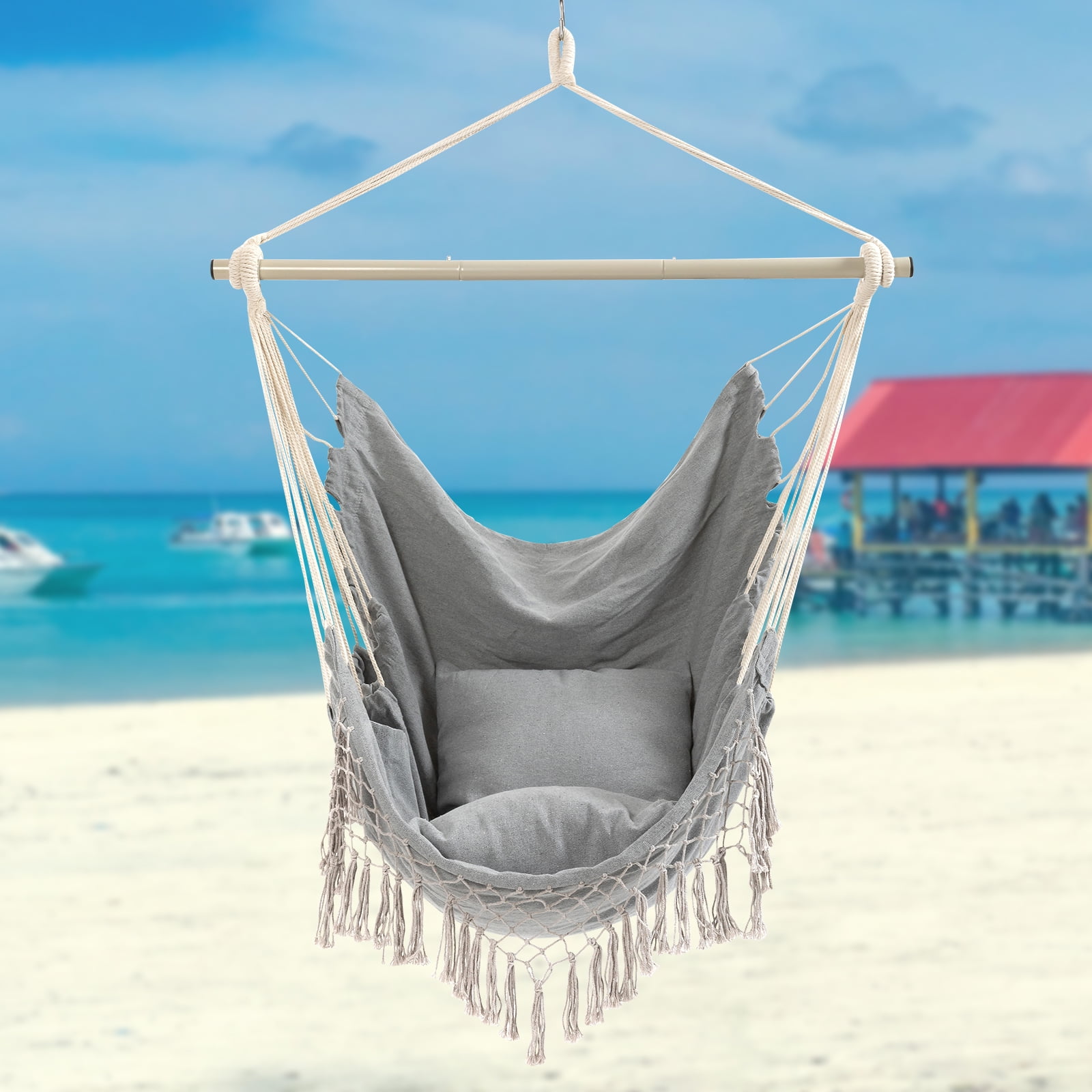 YAERSI Sturdy Lightweight Comfortable Hanging Rope Swing with Cushions, Gray