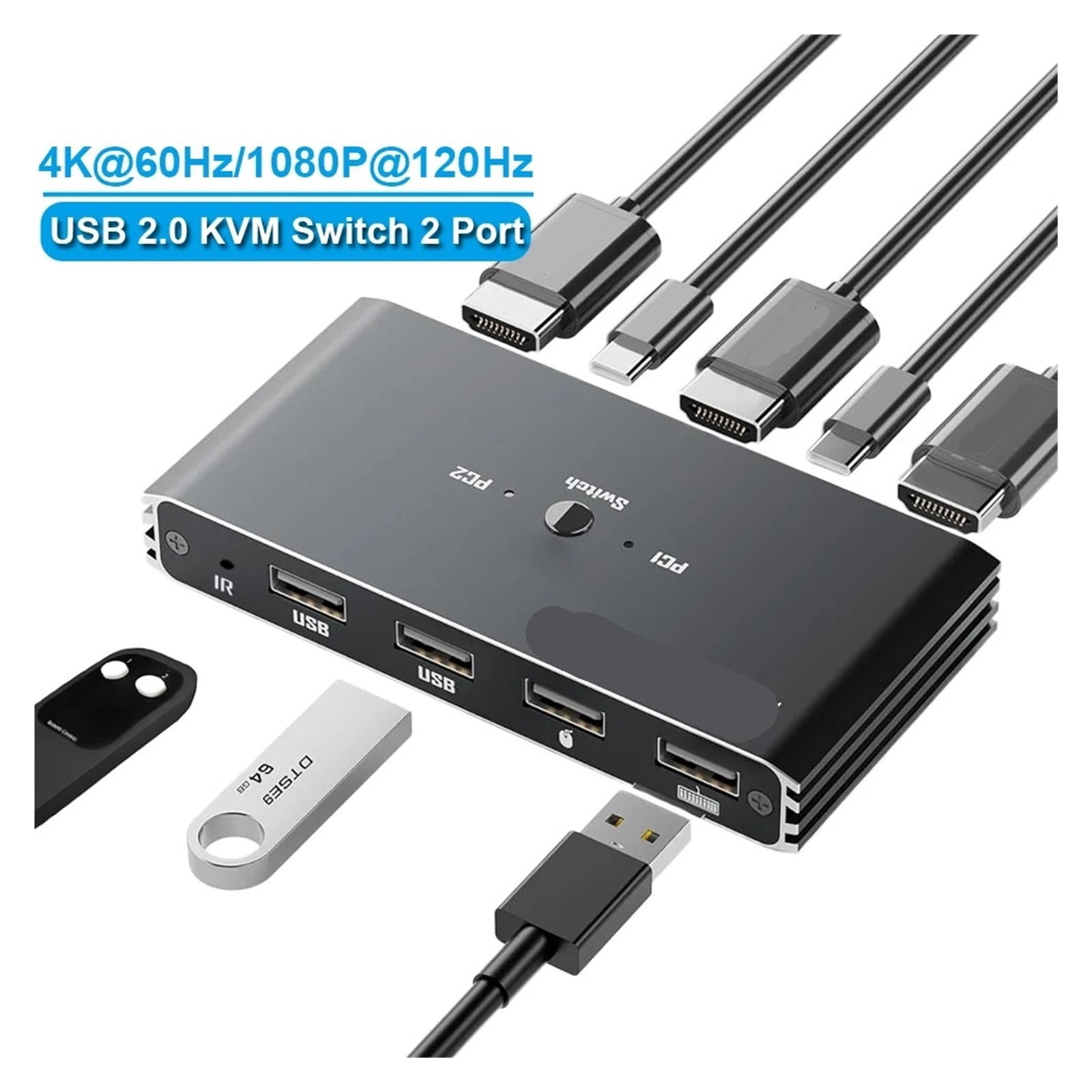 4K 60Hz KVM Switch 2 PC 1 Monitor, Ultra HD Video Hub for 4 USB Devices
