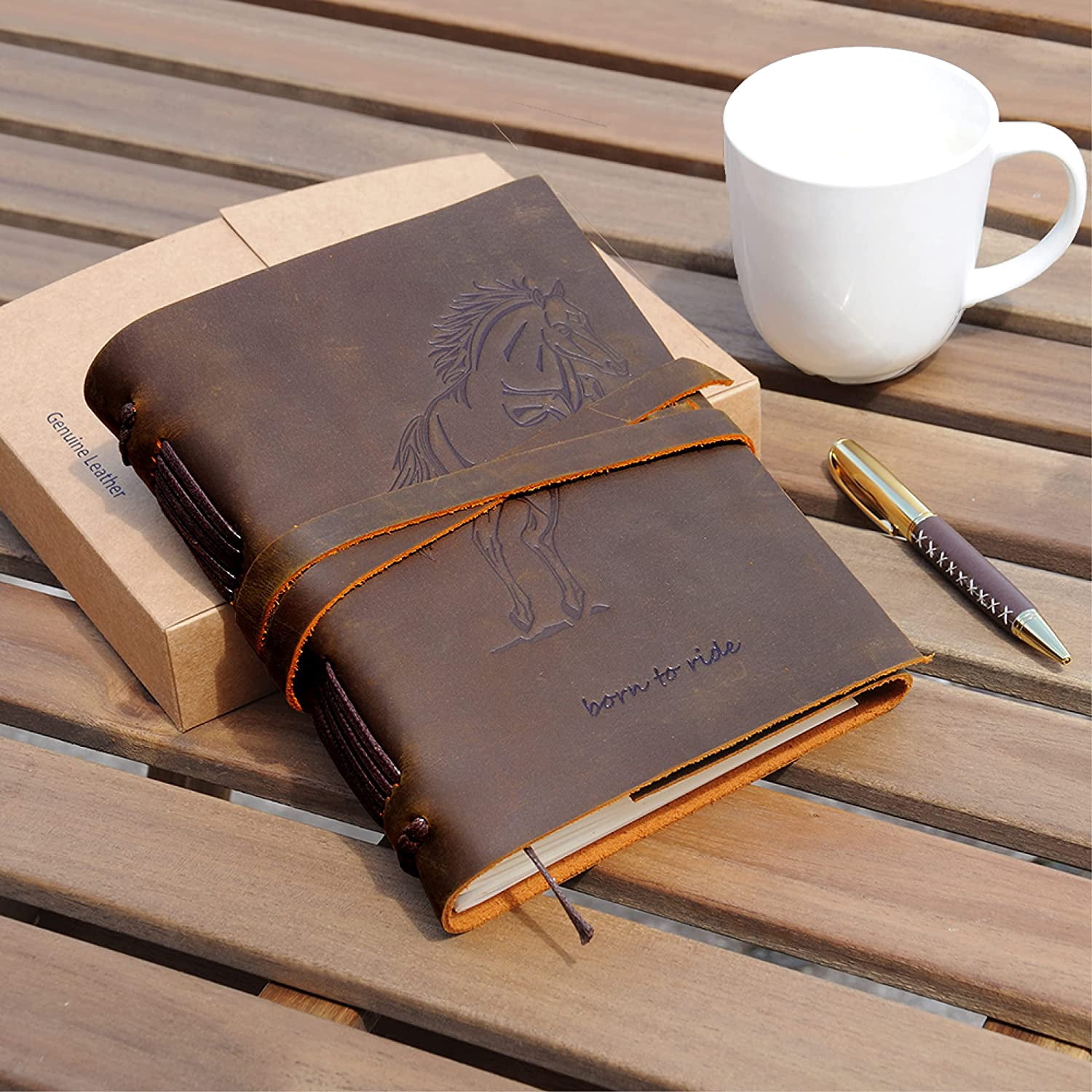 Leather Bound Journal for Men and Women, Handmade Gift Set with Horse Embossed Journal and Stylish Pen, Vintage and Classic, Notebook, Sketchbook, Planner and Diary (300 Pages) (8x6")