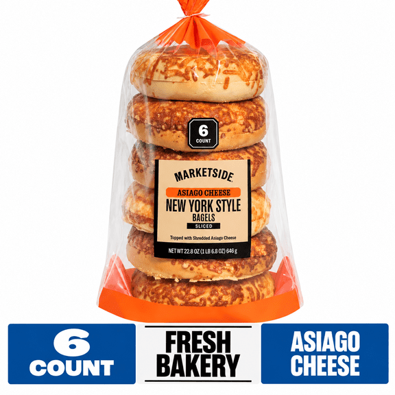 Marketside Fresh Pre-Sliced Asiago Cheese Bagels, New York Style, 22.8oz, 6 Count