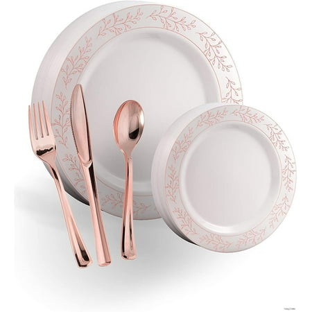 

200 Pcs Heavyweight Disposable Plastic Plates And Cutlery Set Includes 40 Rose Gold Leaf Trim Dinner Plates 40 Rose Gold Dessert Plates And 40 Pcs Of Rose Plastic Forks Knives And Spoons