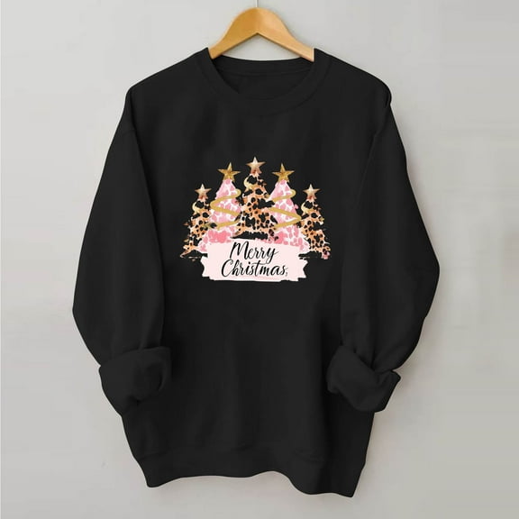 asdoklhq Christmas Oversized Sweatshirt for Women Round Printed Loose Fitting Sweatshirts Long Sleeve Hoodless Sweatshirts Black 2X