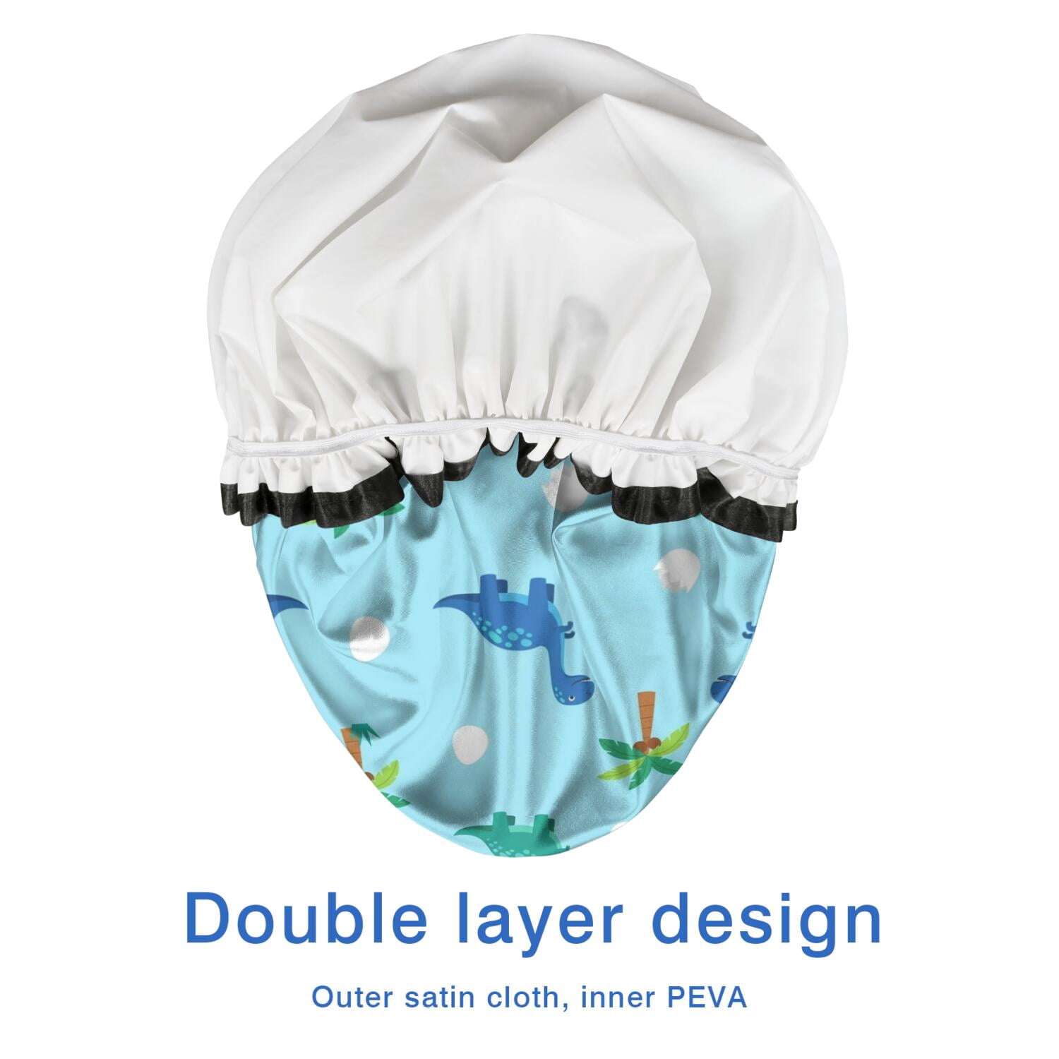 Shower Caps,Light Blue Dinosaurs Palms Eggs Pattern Waterproof Shower Cap for Women 4 Pieces,Double Reusable Hair Cover for Shower PEVA Elastic Stretch Hem