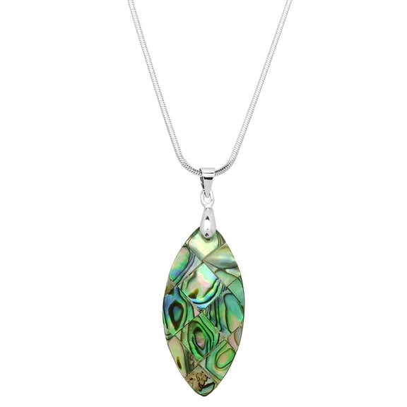 Oval Shape Abalone Shell Pendant Necklace Rhodium Plated 17 Inch Snake Chain J0746
