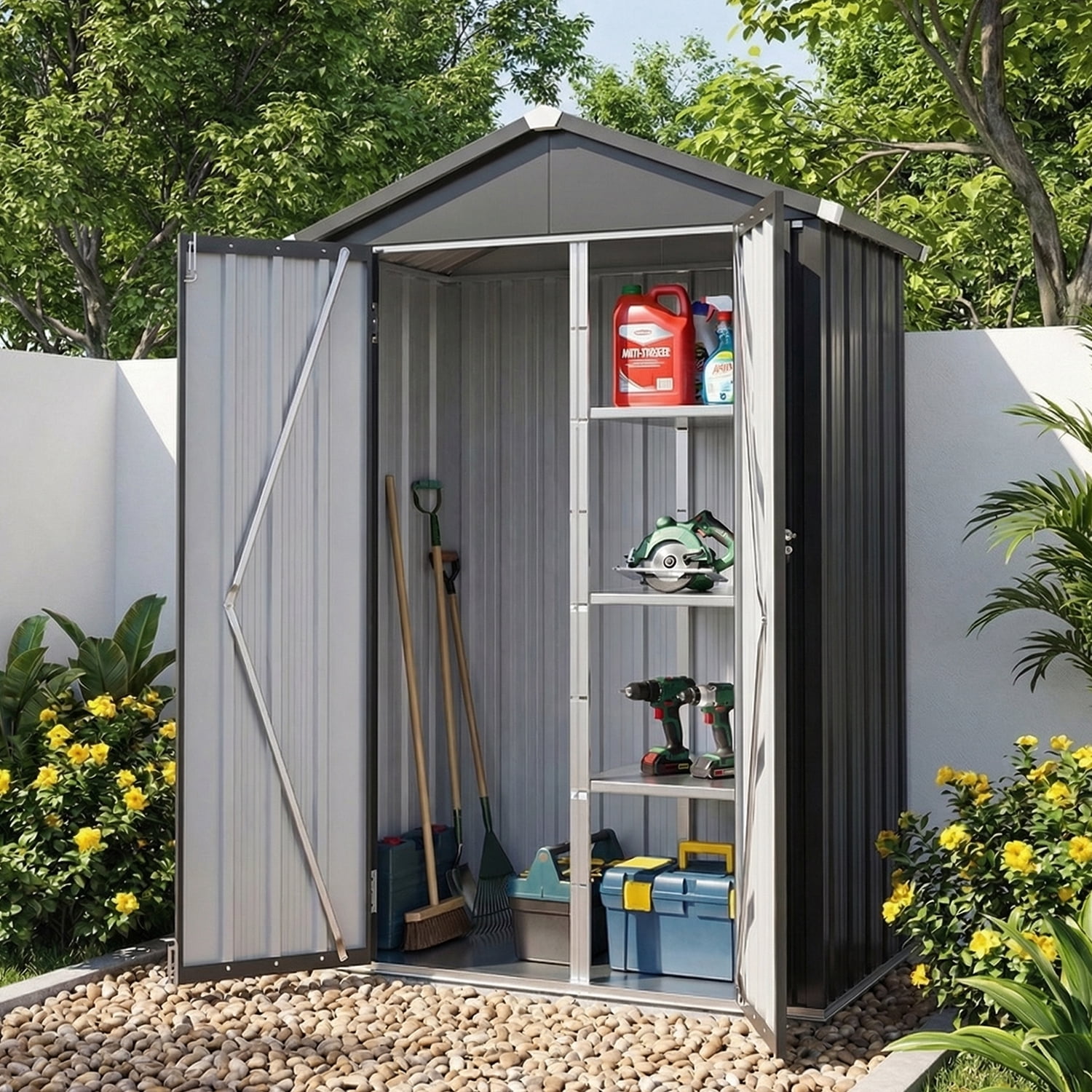 BaPiPro 4x2 ft Outdoor Storage Shed with Floor, Metal Shed with Shelves, Small Tool Shed, Metal Cabinet for Patio Backyard Garden