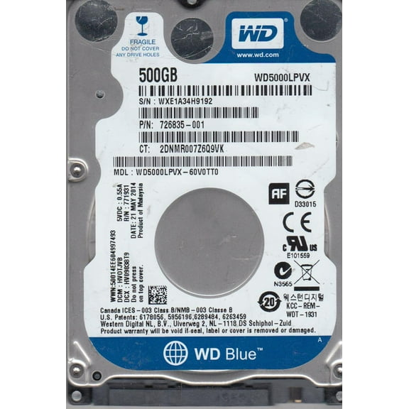 WD5000LPVX-60V0TT0, DCM HVOTJVB, Western Digital 500GB SATA 2.5 Hard Drive