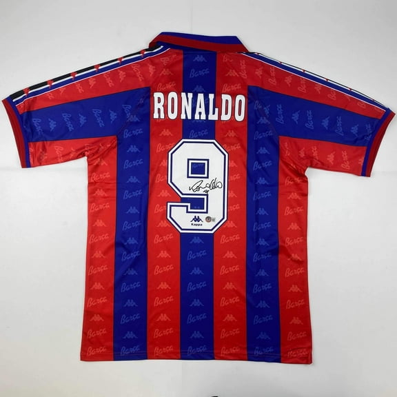 Autographed/Signed Ronaldo Nazario FC Barcelona Red/Blue Soccer Jersey Beckett BAS COA