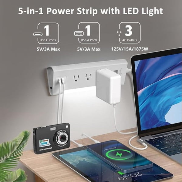 Angled 3 Outlet Power Strip - Built in USB A/C Port - Integrated LED Light - 300 Joules Surge Protection