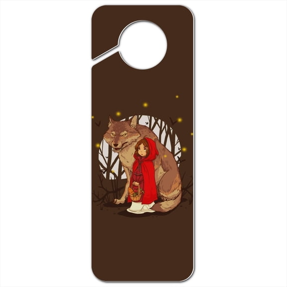 Little Red Riding Hood With Wolf In Woods Plastic Door Knob Hanger Sign