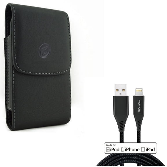 Certified 6ft MFi USB Cable w Leather Case Belt Clip for iPhone XS X 8 7 6S 6 - Charger Cord Power Wire Braided Long Fast Charge, Holster Cover Pouch Vertical Carry Protective