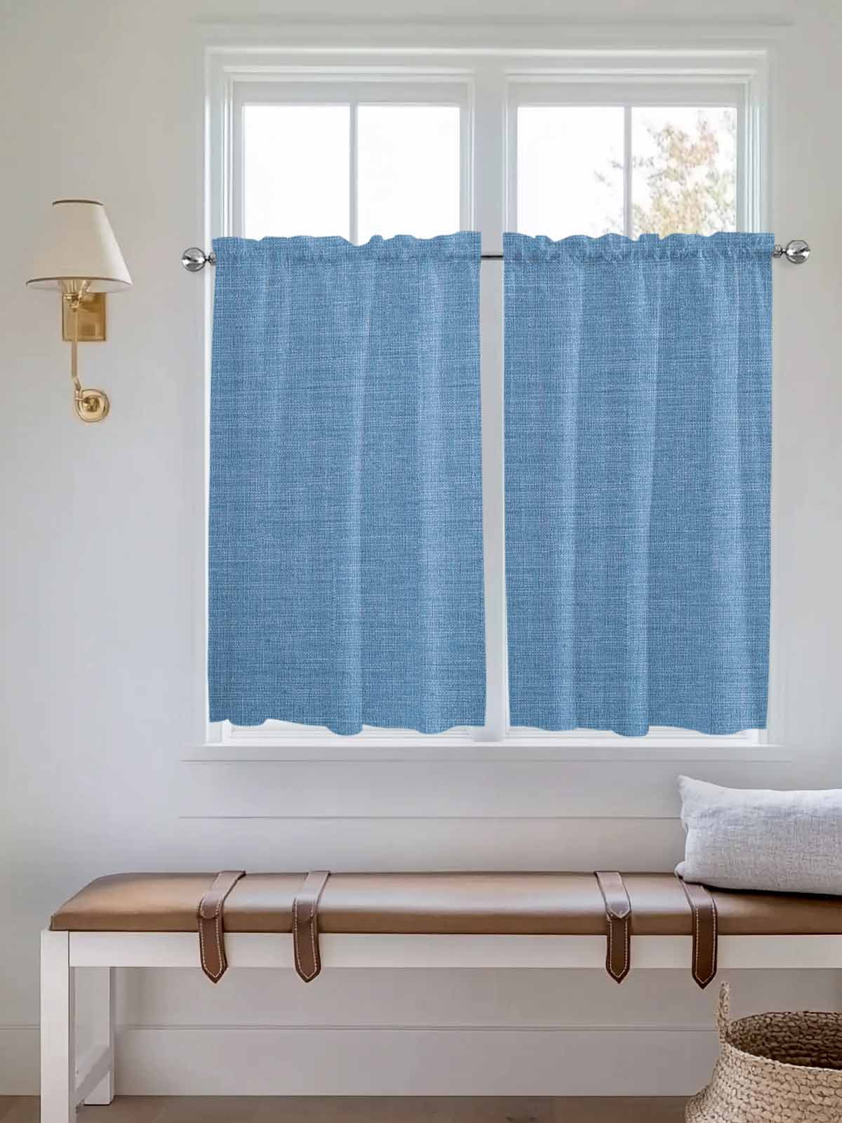 Blue Tier Curtains 45 Inches Long, Farmhouse Burlap Solid Blue Color Modern Linen Texture Window Treatment Curtain Drapes, Small Curtain Drapes for Bathroom Laundry Room, 27.5"x45", 2 Panels