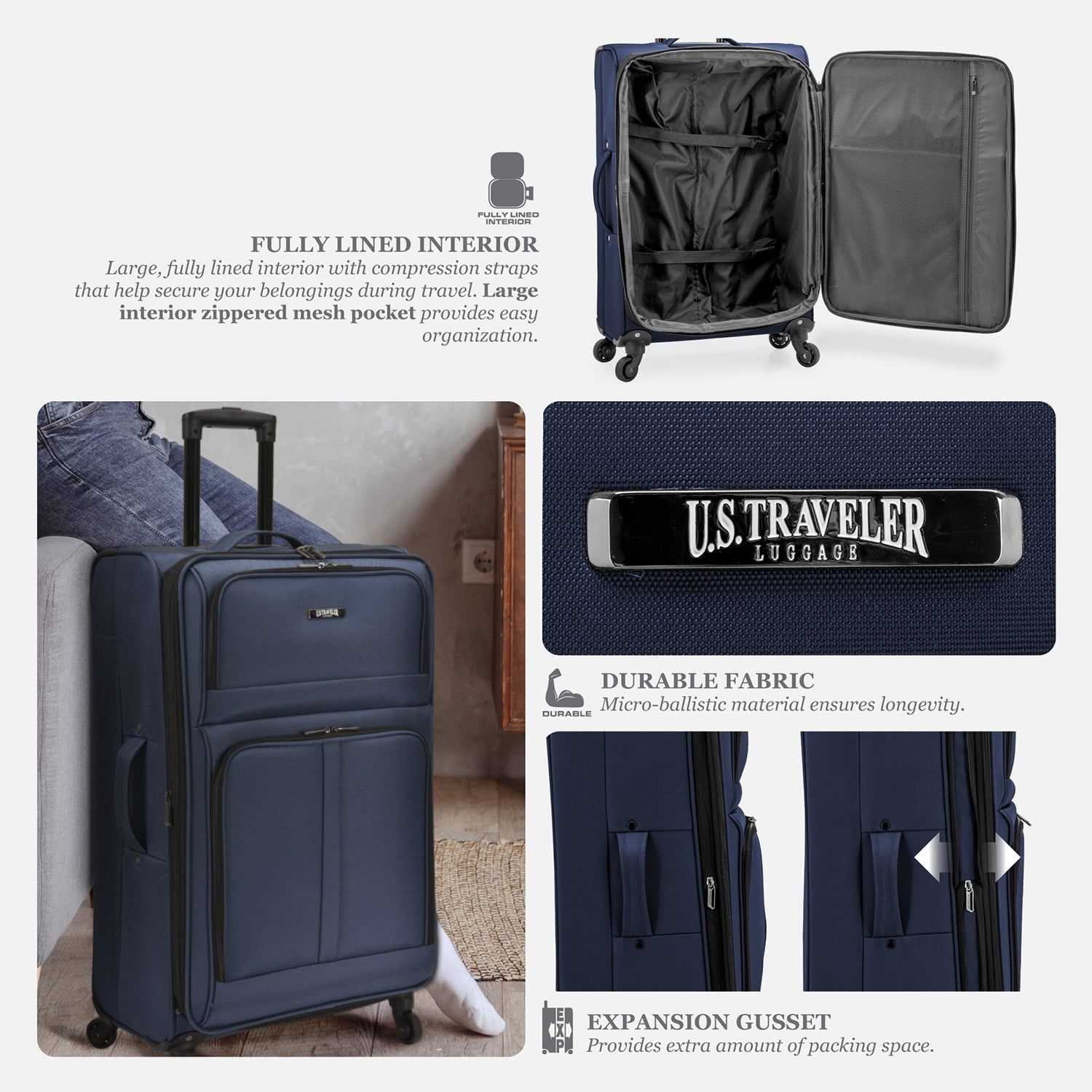 U.S. Traveler Anzio Softside Expandable Spinner Luggage, Navy, 26" Checked Medium