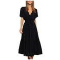 thumbnail image 2 of Wycnly Womens Dresses Casual Ruffle Sleeve Tie Waist Loose Swing A Line Sundress Fashion Solid V-Neck Short Sleeve Long Summer Dress Black l, 2 of 7