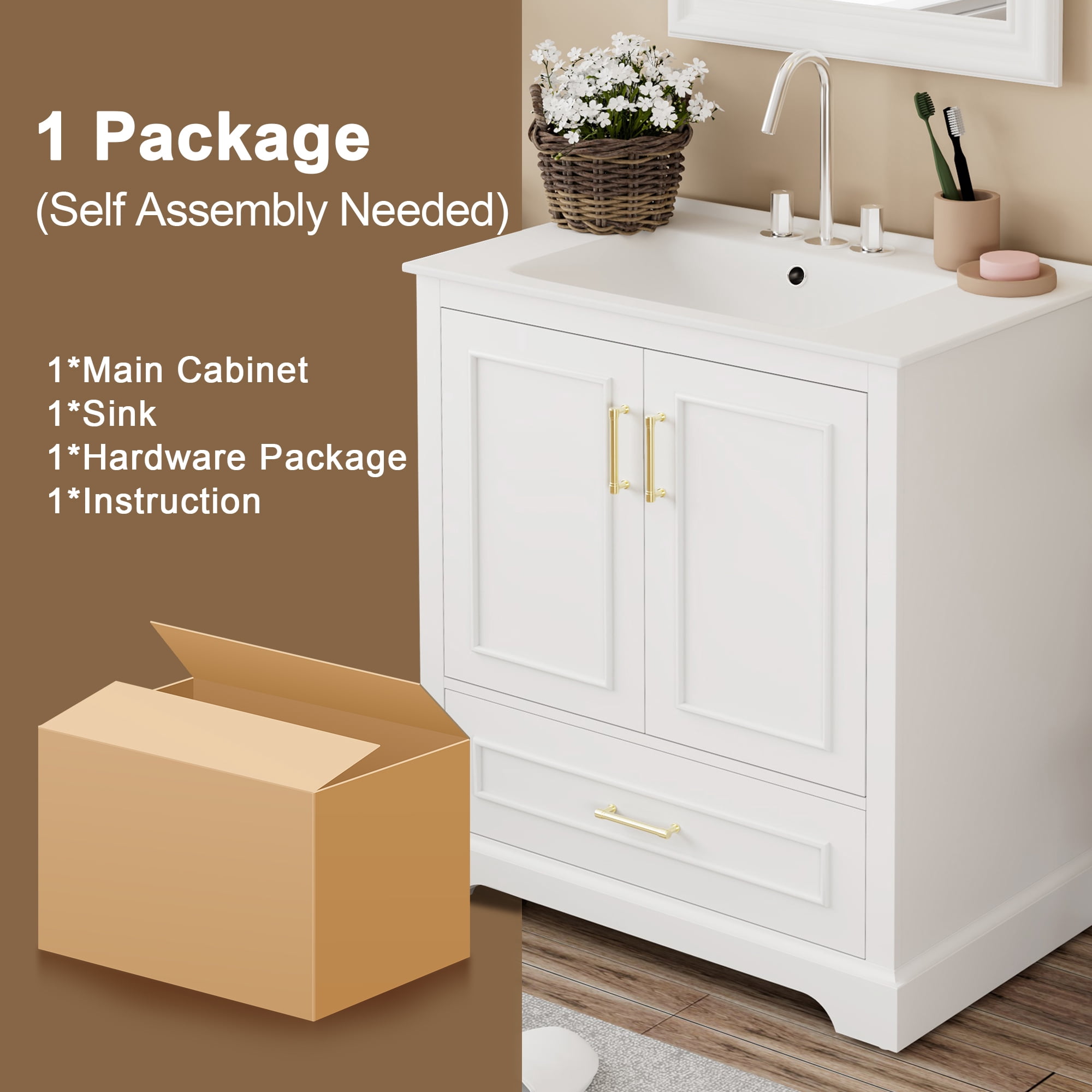 MODERNLUXE 30" Bathroom Vanity with Sink,Modern Bathroom Storage Cabinet with Divider Drawer and 2 Soft-close Doors with Door Organizer,Easy Assembly,White