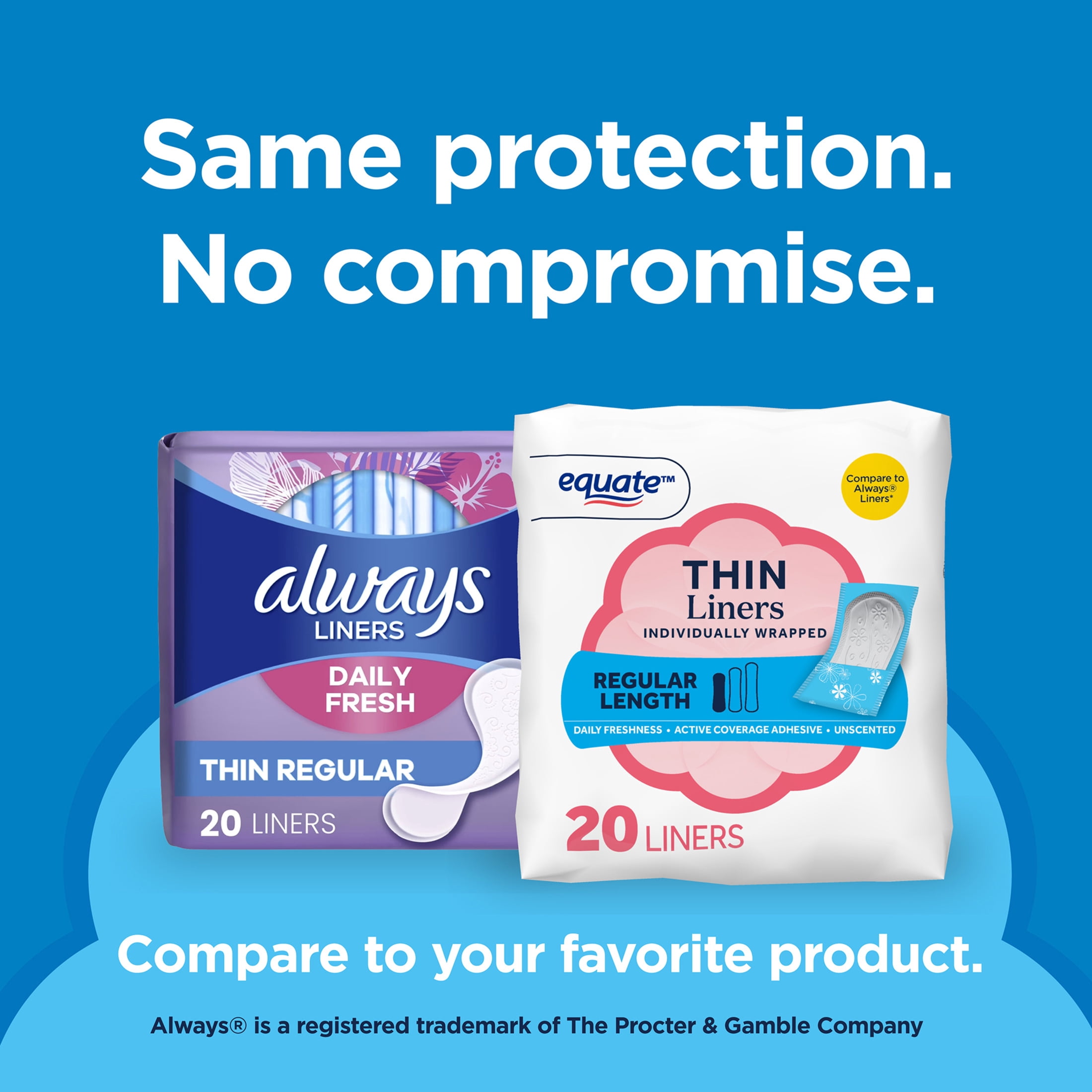 (12 pack) Equate Thin Panty Liners, Regular Length, Individually Wrapped, Compare to Always, 20 Count