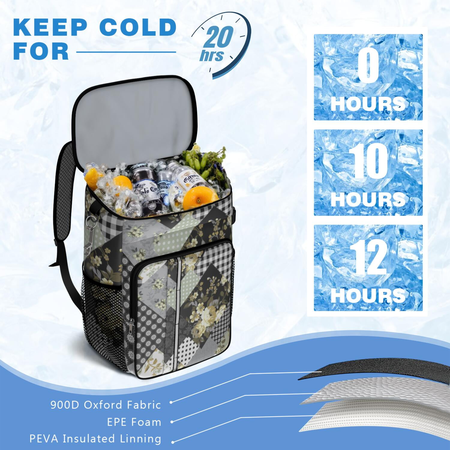 Travel Cooler Bag - Pioneer Flower Floral Print Pattern Camping Beer Cooler Backpack with Bottle Opener- Waterproof Insulated Picnic Backpacks - Cooler Bag for Beach