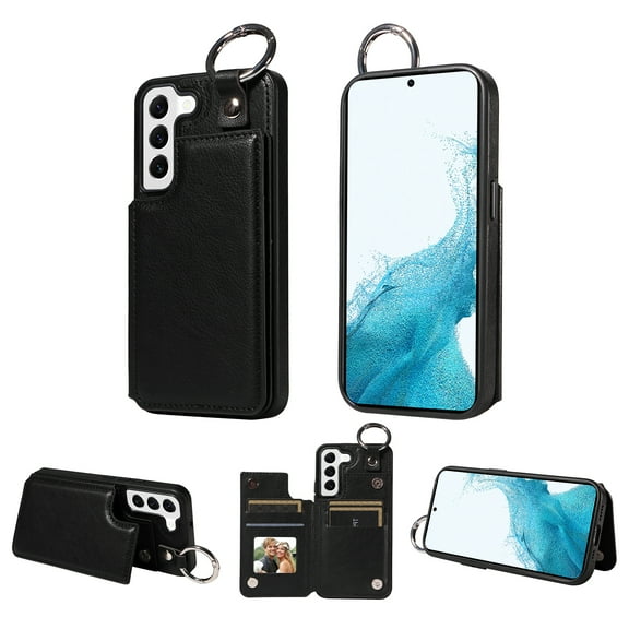 Mantto Design for Samsung Galaxy S22 PU Leather Wallet Phone Case with Kickstand Card Holder Slots Metal Ring Double Magnetic Clasp Back Flip Folio Protective Cover for Women Men,Black