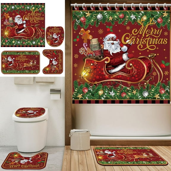 Set of 4 Black Afro Santa Claus Merry Christmas Shower Curtains Sets with Non Slip Rugs Toilet Lid Cover Bath Mat Black Bathroom Shower Curtain Set with 12 Hooks for Bathroom(Classic)