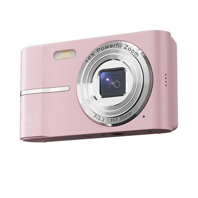 cámara digital retro de 2,4 pulgadas 4k hd pequeña cámara portátil CMOS mini cámara grabadora de vídeo con zoom de 50MP 16x Rosa, vista frontal 3/4 centrada con lente extensible y anillo plateado marcado "16X", cuerpo rectangular de plástico rosa con flash integrado y puerto micro-USB visible; apta para uso portátil en viajes y que suele emplearse también como cámara compacta para videos cortos.