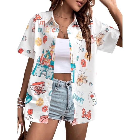 KimSoong Magical Shirt for Women Magic Kingdom Blouse Hawaiian Shirts Funny Castle Graphic Tee Family Holiday Vacation Tops