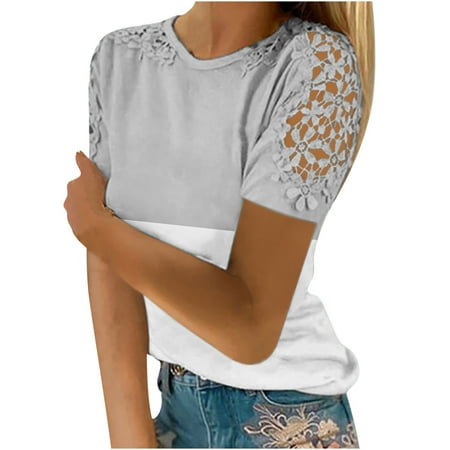

Women s Fashion Summer Round Neck Leisure Short Sleeve Printed Lace Stitching Tops Loose Maternity Blouses Gray S