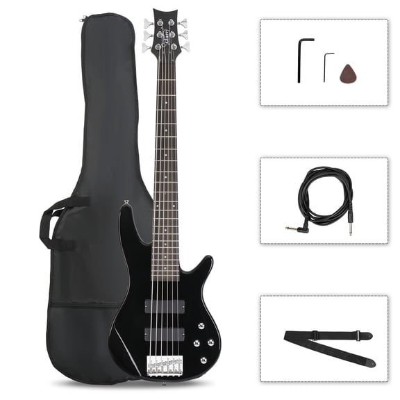 Glarry Full Size 6 Strings GIB Electric Bass Guitar with with H-H Pickup, Connector and Pick, Bag, Strap and Wrench Tool, Black