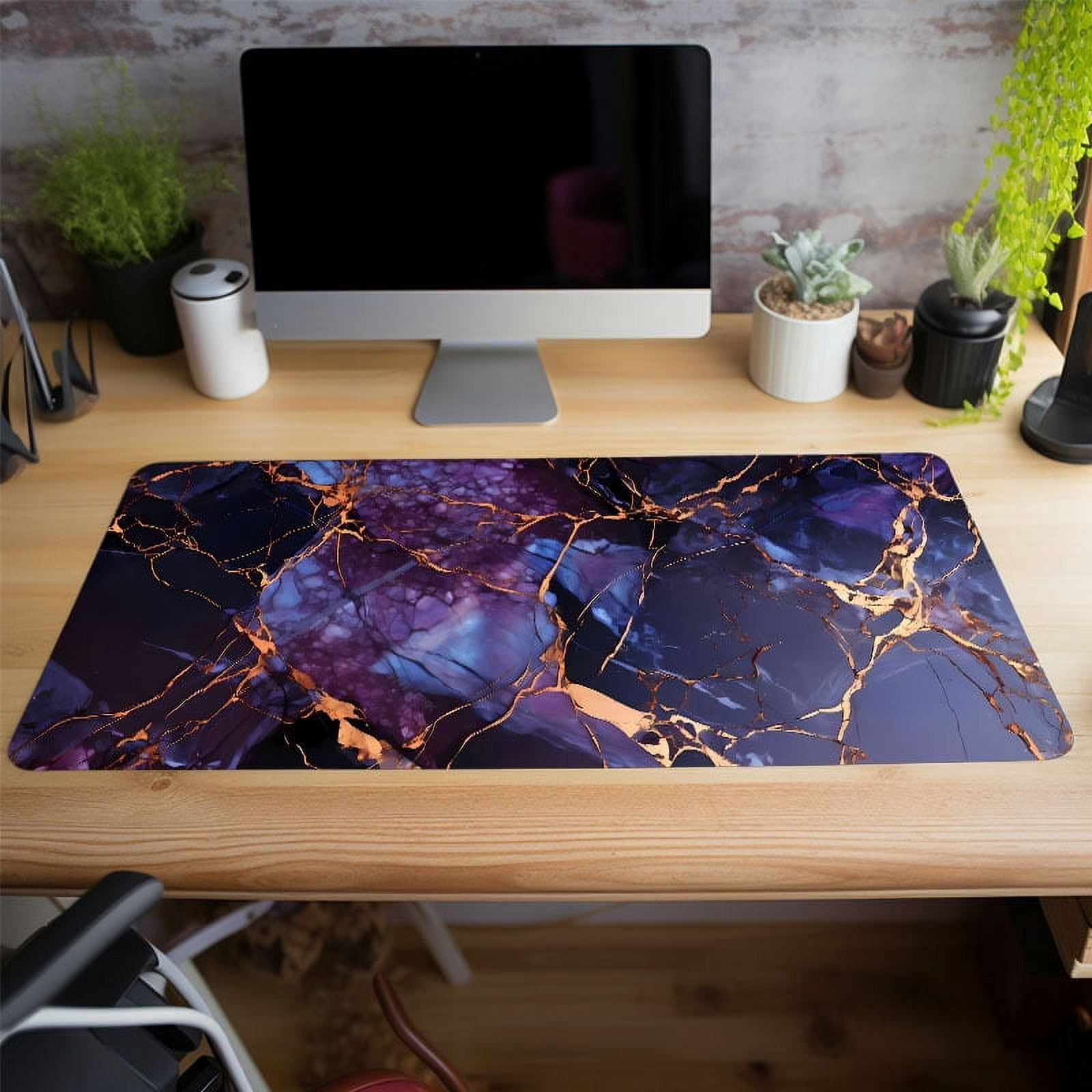 1pc Purple Golden Dark Marble Large Gaming Mouse Pad For Desk, Cool Desk Mat With Non-Slip Rubber Base Stitched Edge, Mouse Pad 31.5*15.7in For Work, Game, Office, Home, Gifts