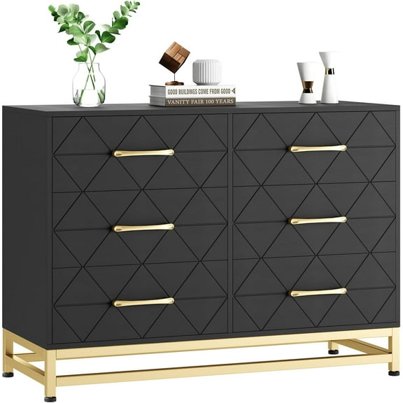 Twister.CK 6 Drawers Double Dresser for Bedroom, Chest of Drawers for Living Room Hallway Entryway, Black