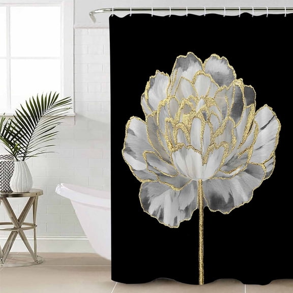 Flower Black Standard Shower Curtain Set, Waterproof Shower Curtains for Bathroom, Gold White Abstract Floral Aesthetic Washable Fabric Cloth Bath Curtain for Bathtub with Hooks 72x72 Inches