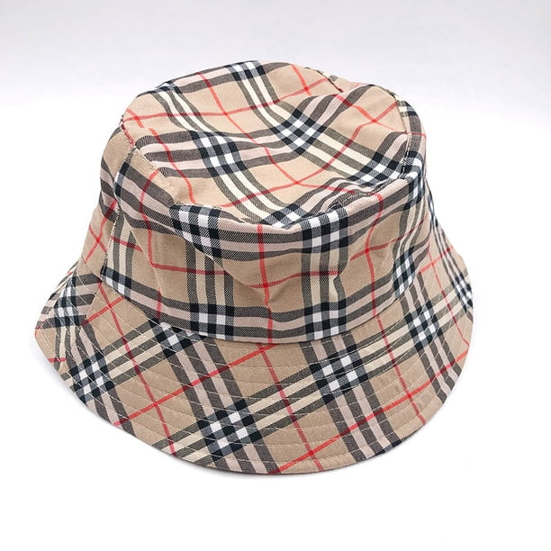 Sombreros de cubo transpirables con parte superior plana, sombrero de cubo de algodón, gorra de verano con borde a cuadros unisex para pesca al aire libre y caza (caqui) ShuxiuWang 9024735608707