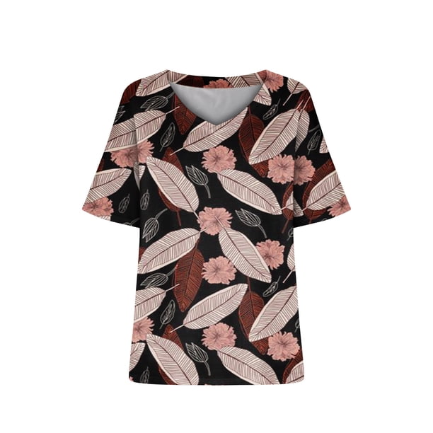 Camiseta de manga corta plisada elástica con cuello en V y estampado floral de talla grande para mujer OAVQHLG3B Store lin121212