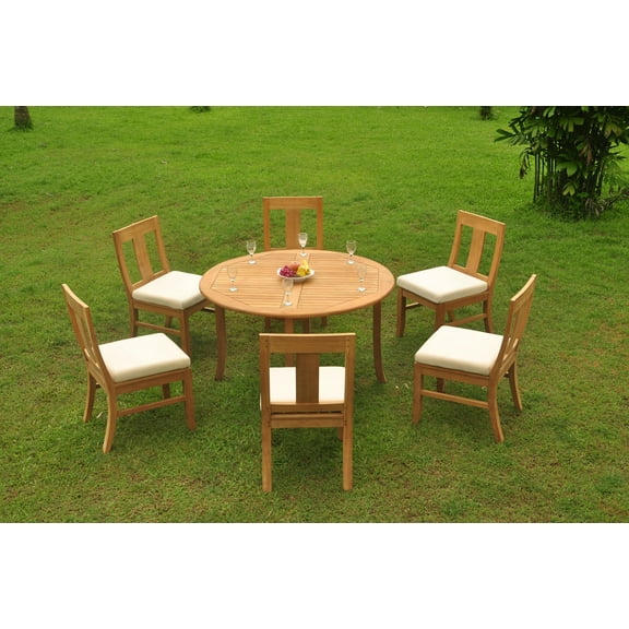 Grade-A Teak Dining Set: 6 Seater 7 Pc: 52" Round Table And 6 Osborne Armless Chairs Outdoor Patio WholesaleTeak #WMDSWVm