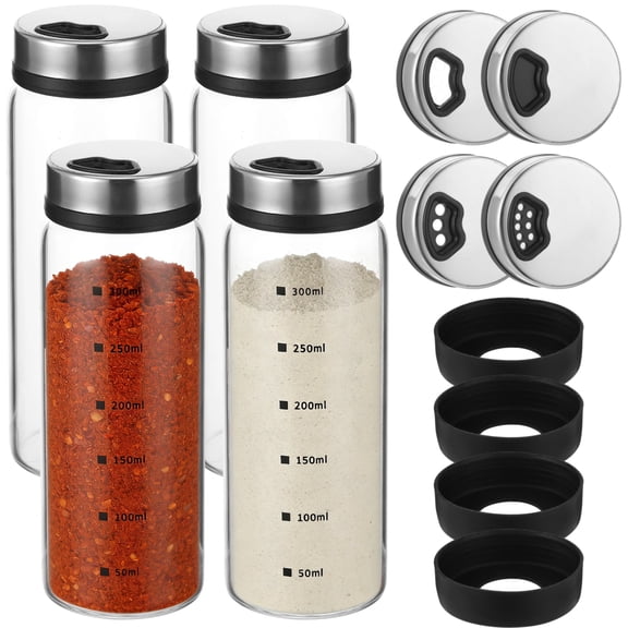 4 Pcs Salt and Pepper Shakers Set, 10.1 oz Large Glass Spice Jars with Adjustable Pour Holes, Stainless Steel Lids, 4 Non-Slip Silicone Rings Included, Ideal for Kitchen, Restaurant, BBQ & Camping