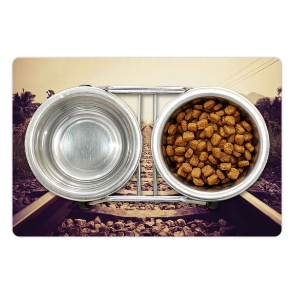 Train Track Pet Mat for Food and Water, Vintage Rural Inspired Railroad and Trees Photography Shoot from Low Angle, Non-Slip Rubber Mat for Dogs and Cats, 18" X 12", by Ambesonne