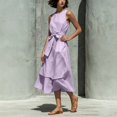 thumbnail image 5 of NTACZA Womens Dresses Summer A-Line Cotton Lien Maxi Sleeveless Flowy Round Neck Front Tie Vacation Casual Ruched Waist Beach Purple XXXL, 5 of 7