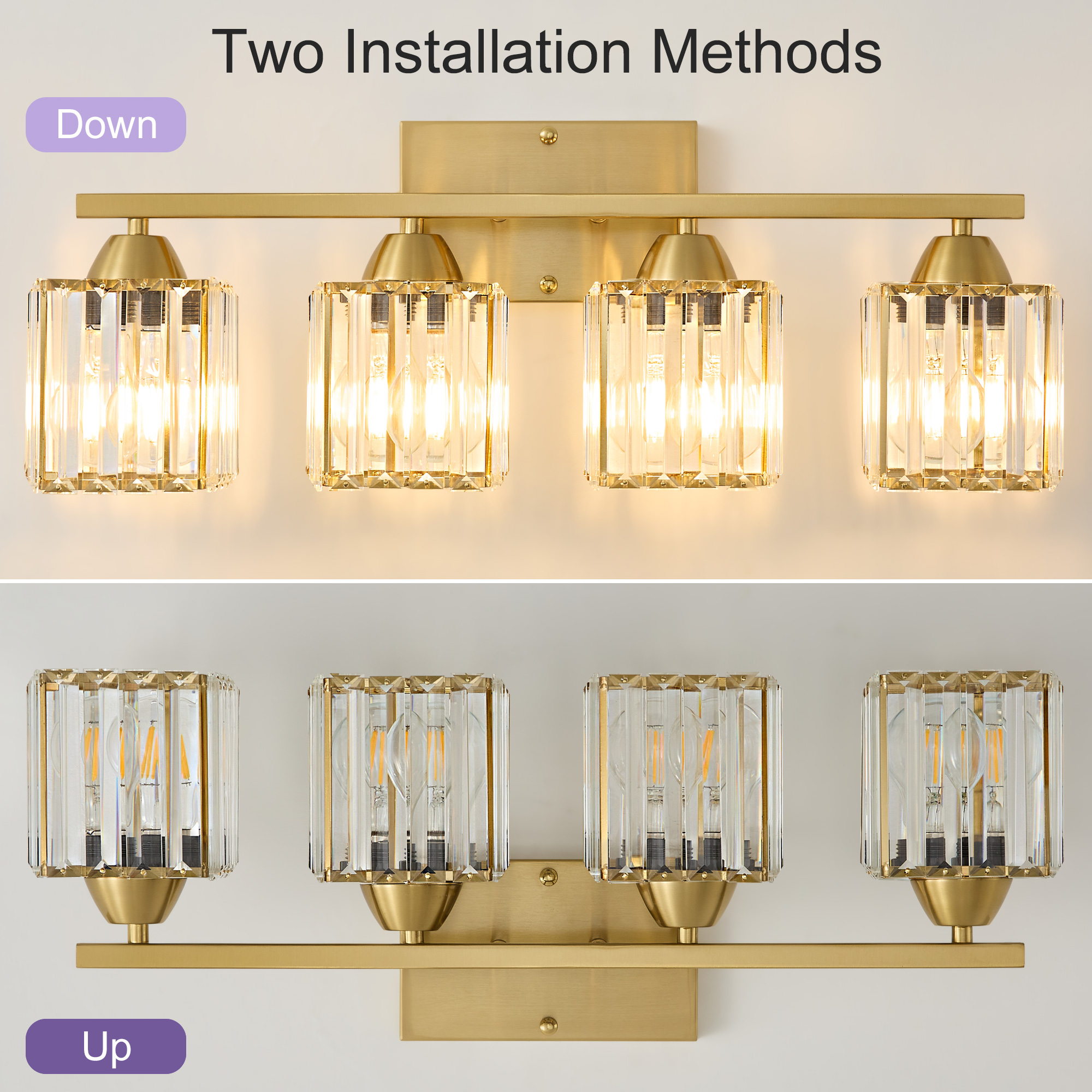 Deyidn 23.23" Modern Gold Vanity Light, 4-Light Dimmable Bathroom Light Fixture with Square Crystal Shades, for Mirror Lighting, Bathroom Wall Sconce