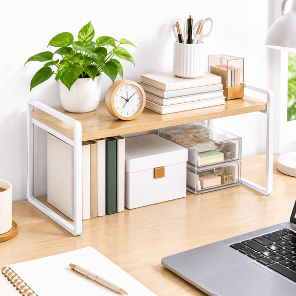 Office Desk Shelf Organizer, Iron Desktop Bookshelf Supplies Storage Rack, Shelf for Top of Desk and Dresser and Cubicle Decor Aesthetic Bookshelf