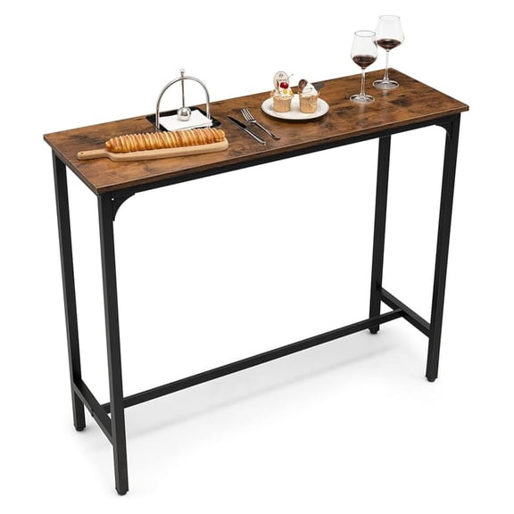 ” Bar Table, Industrial High Top Bar Table with Metal Frame & Adjustable Feet, Rectangular Narrow Pub Table for Small Space, Multifunctional Dining Table for Kitchen Living Room Bistro