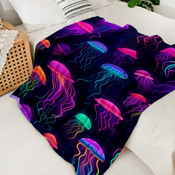 1 Glow-in-the-Dark Jellyfish Print Throw Blanket - Cozy, Lightweight Flannel in Vibrant Colors for Sofa, Bed, Dorm, Travel, Car, Office, Camping - Ideal Gift for Ocean Enthusiasts