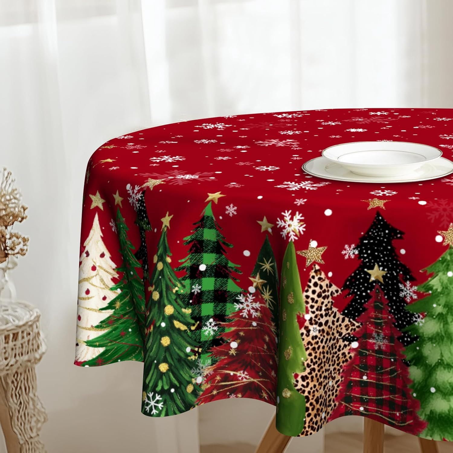 Christmas Round Tablecloth 60 inch Christmas Nativity Table Cloth Xmas Tree Table Cloths Decorations for Home Kitchen Dining Red Buffalo Plaid