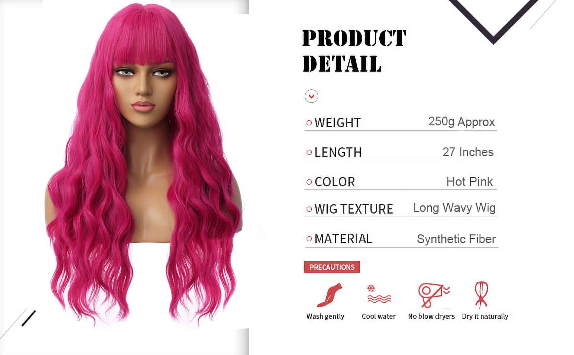 RightOn Hot Pink Wig Long Curly Wig with Bangs Women Rose Red Wigs Cosplay Party Costume Synthetic Wigs with Wig Cap