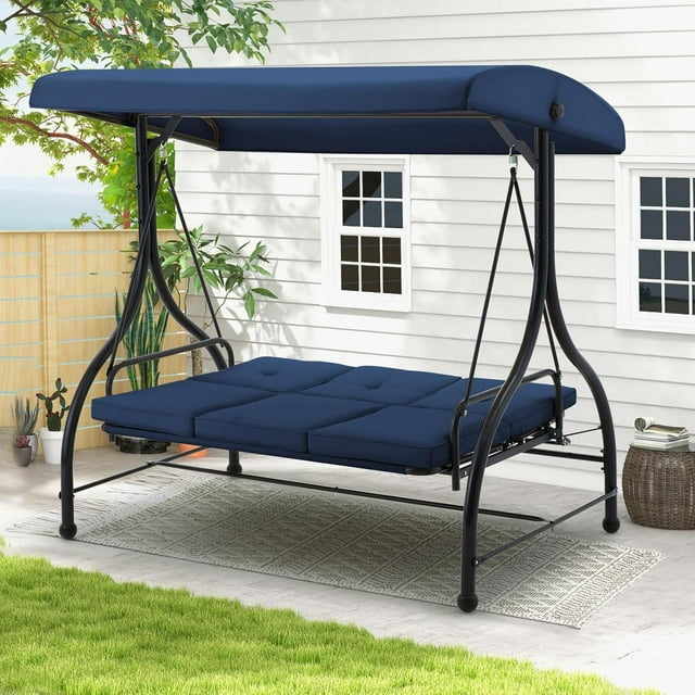 YODOLLA 3 Person Canopy Steel Porch Swing, Converting Swing Glider Hammock-Dark Blue