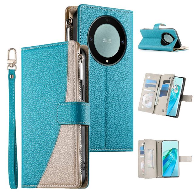 Funda cartera GANGXUN para Honor X9A , cuero PU con tarjetero, cremallera, correa de mano, soporte y protección 1386°