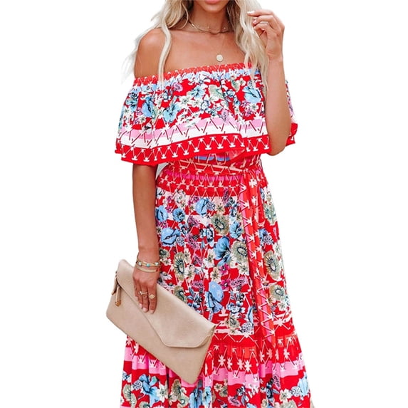 Lumento Ladies Long Dress Floral Print Summer Beach Sundress Off Shoulder Maxi Dresses Women Hawaiian Loose Short Sleeve Red Flowers L