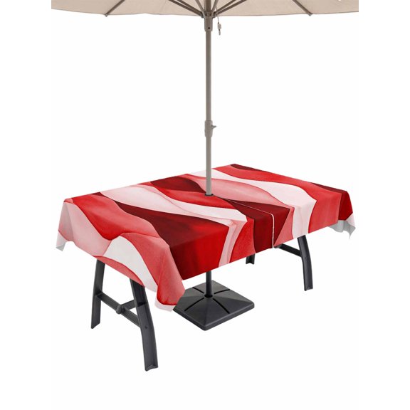 Outdoor Tablecloth with Umbrella Hole, Red Striped Spillproof Waterproof Outdoor Table Cover, Modern Gradient Geometric Ripple Stripes Patio Tablecloths for Party Picnic Camping, Rectangle 60"x120"