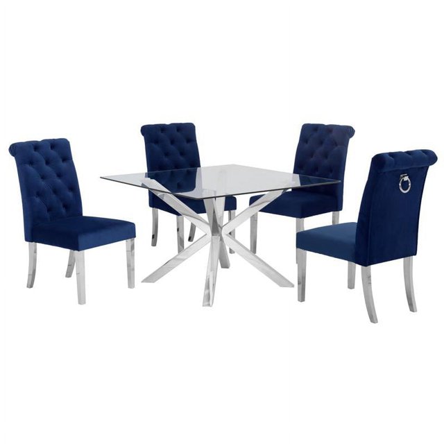 47" x 47" Clear Glass 5pc Dining Set with Silver Stainless Steel
